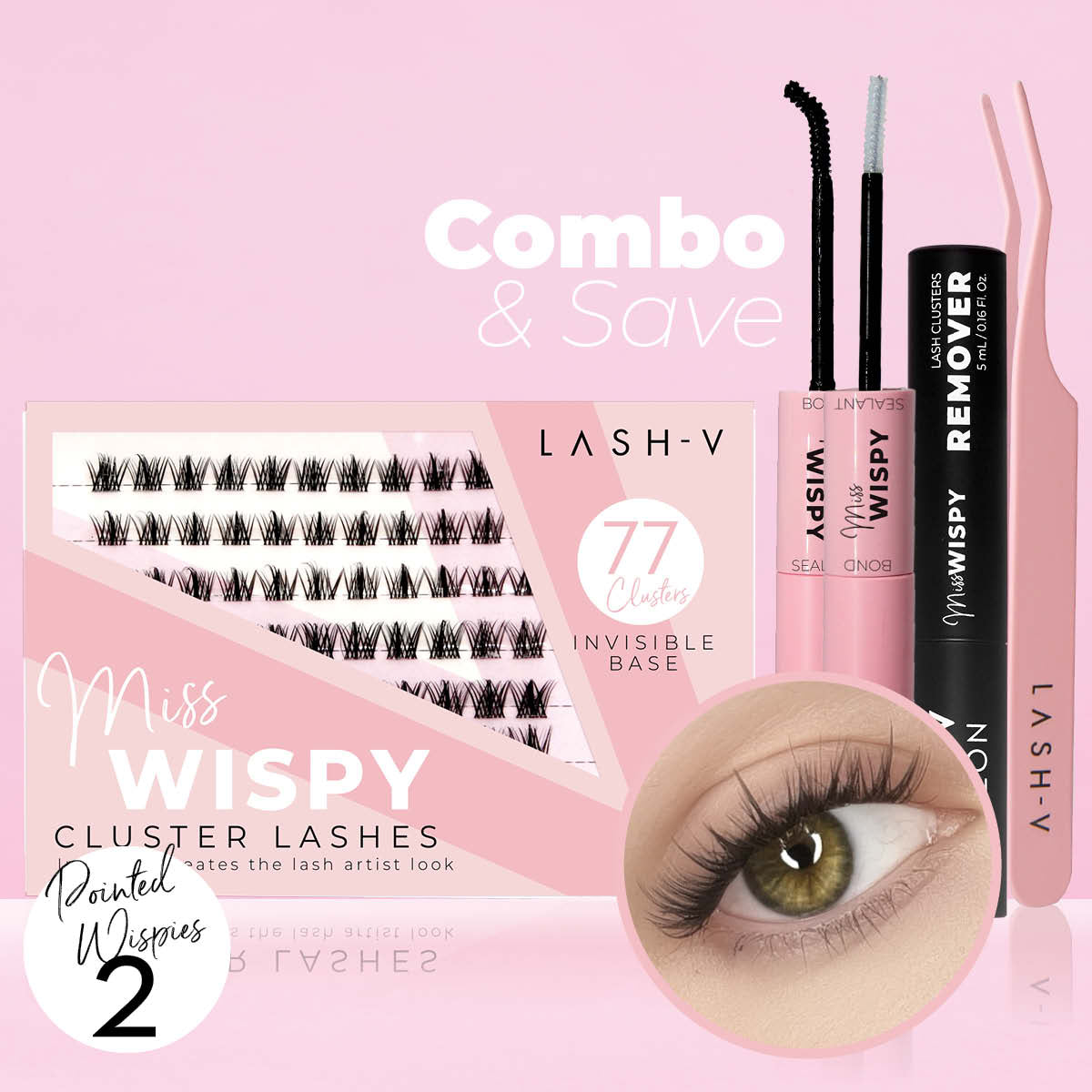 Miss Wispy Cluster Lashes - 77 Clusters Style 2 Pointed Wispies Complete Kit - One V Salon