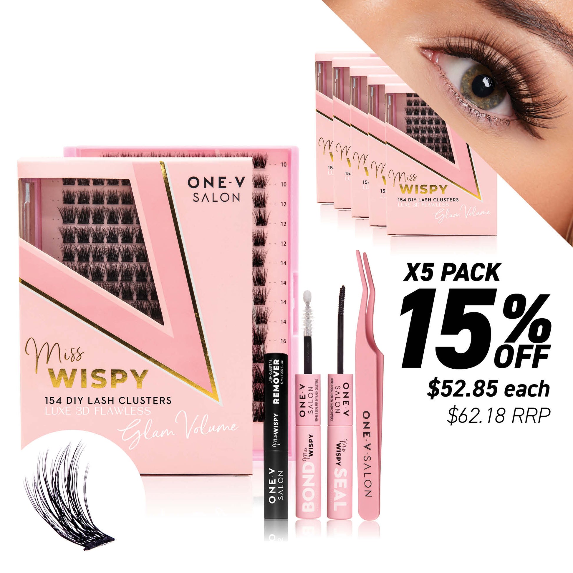 Luxe 3D Flawless -Glam Volume - 154 DIY Cluster Lashes Complete Kit (Bundle Pack) - One V Salon