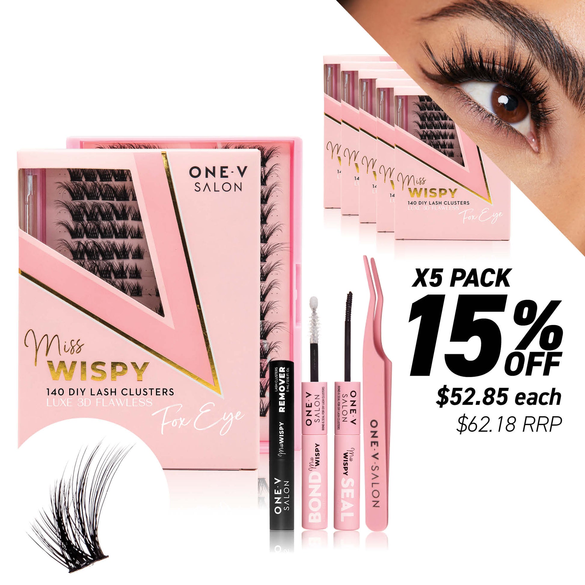 Luxe 3D Flawless - Fox Eye - 140 DIY Cluster Lashes Complete Kit (Bundle Pack) - One V Salon