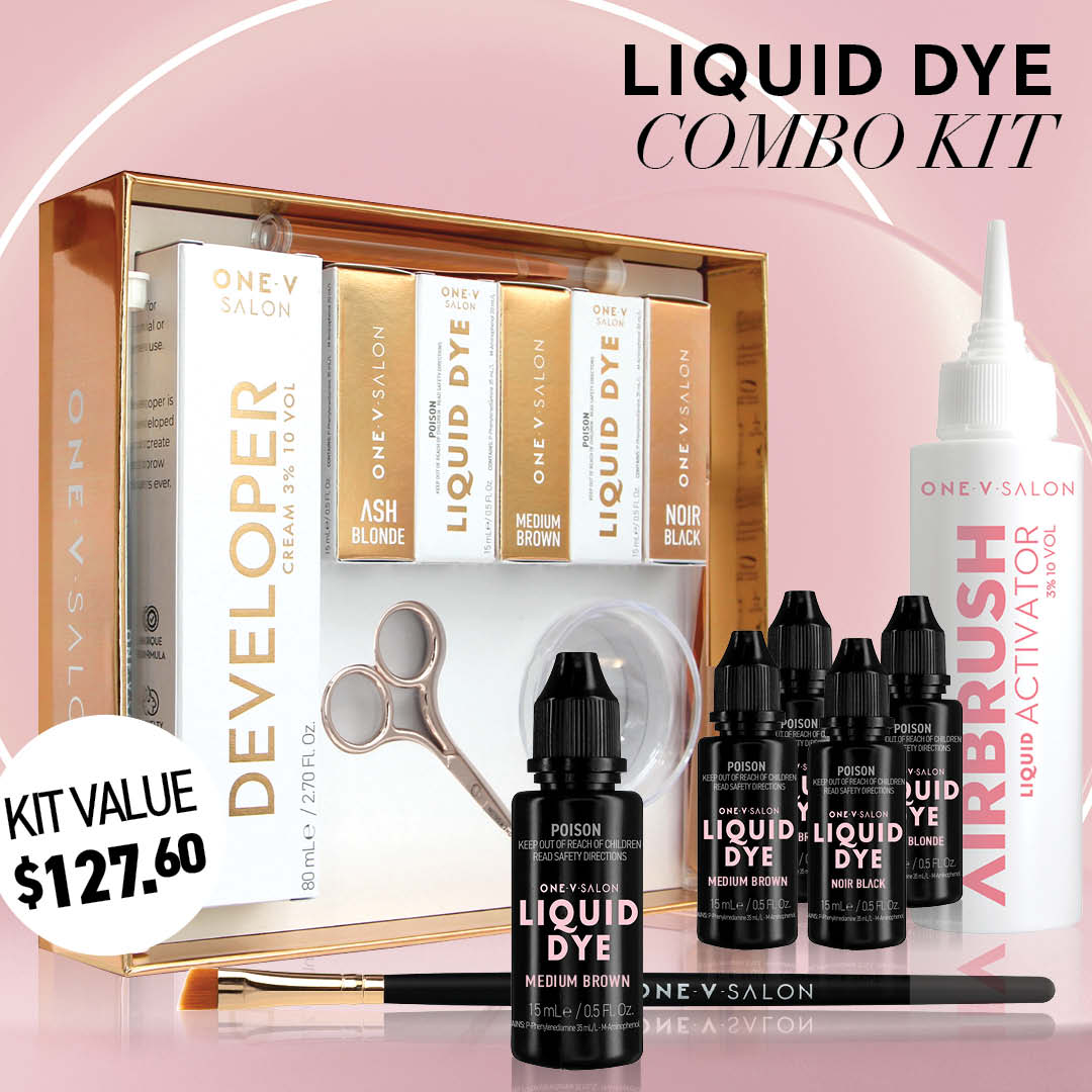 Brow Liquid Dye Complete Combo Kit - X5 colours - Airbrush Liquid Activator - One V Salon