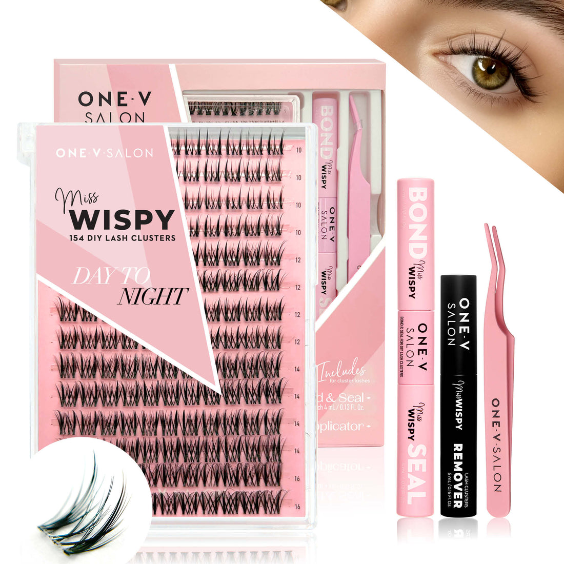 Miss Wispy Cluster Lashes Day to Night - 154 DIY Cluster Lashes Complete Kit - One V Salon