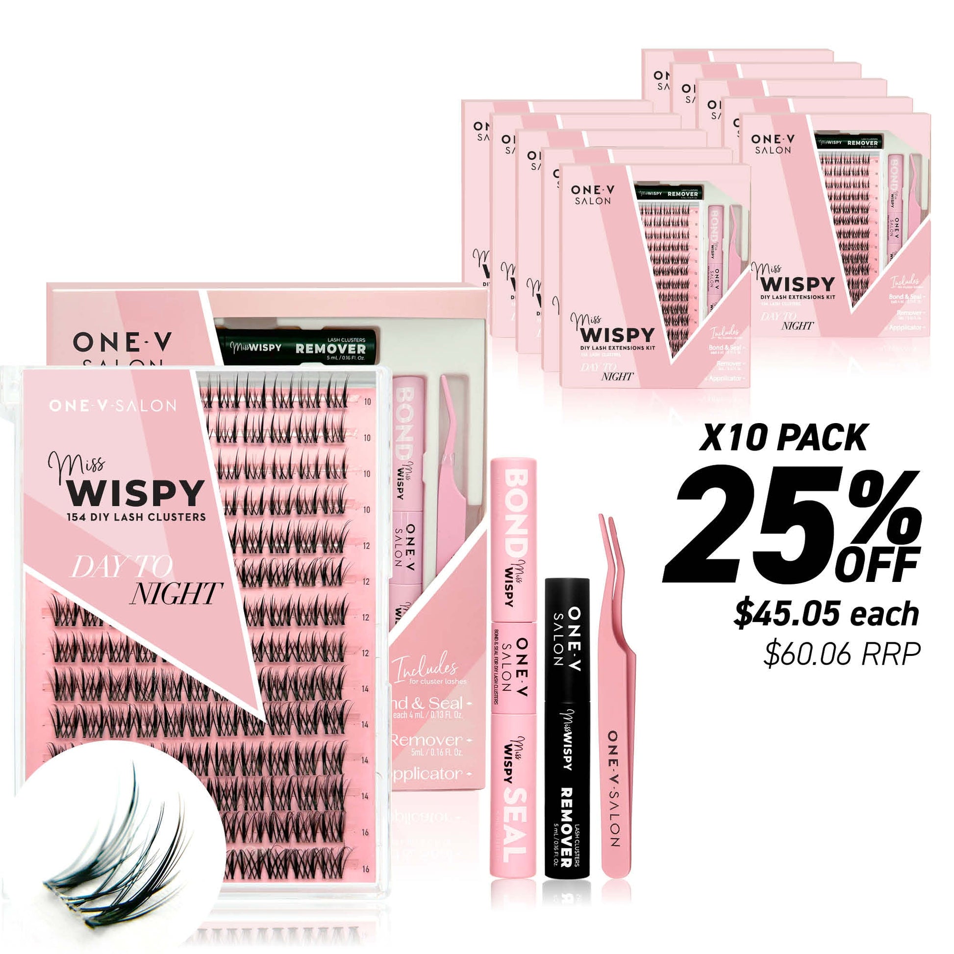 Miss Wispy Cluster Lashes Day to Night - 154 DIY Cluster Lashes Complete Kit (Bundle Pack) - One V Salon
