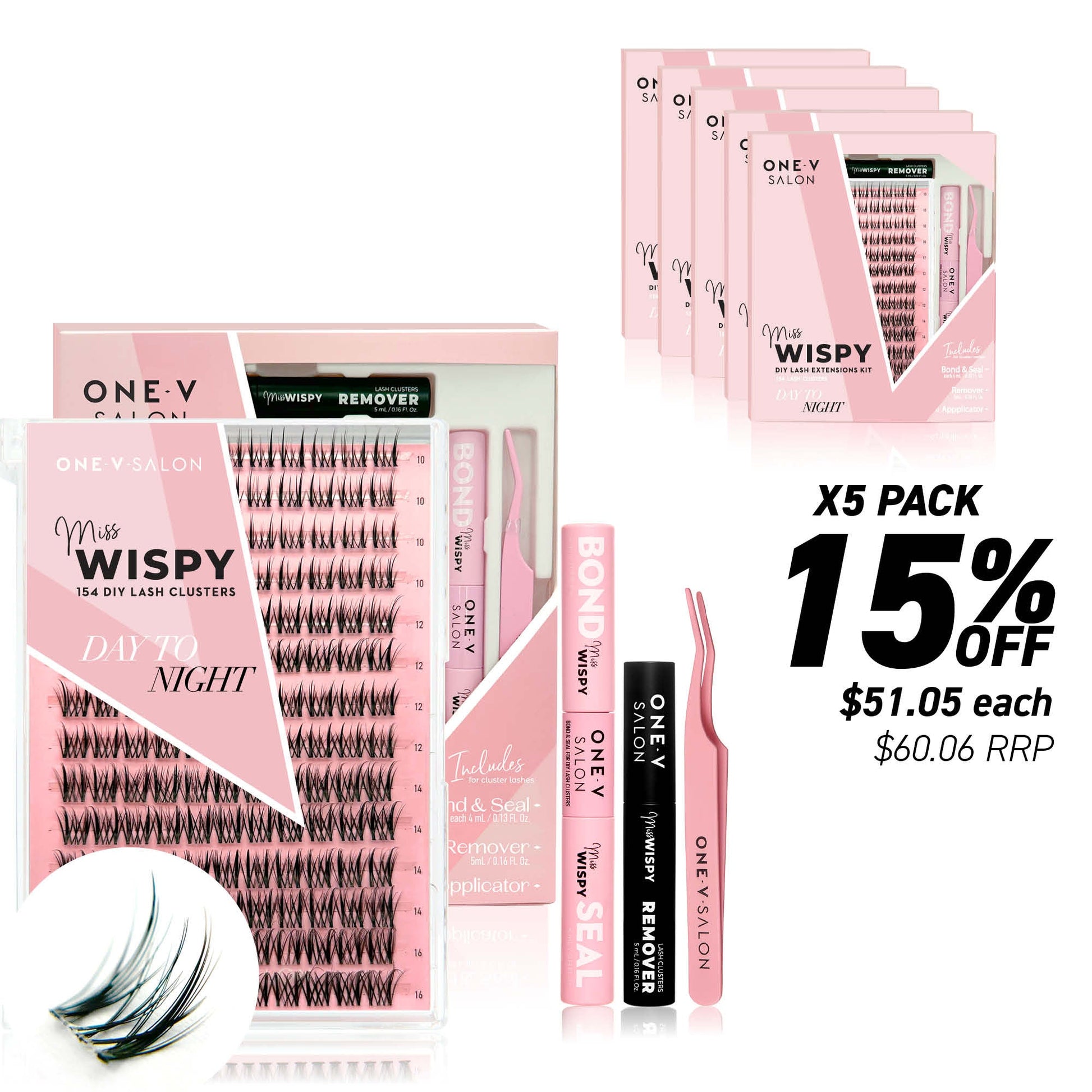 Miss Wispy Cluster Lashes Day to Night - 154 DIY Cluster Lashes Complete Kit (Bundle Pack) - One V Salon