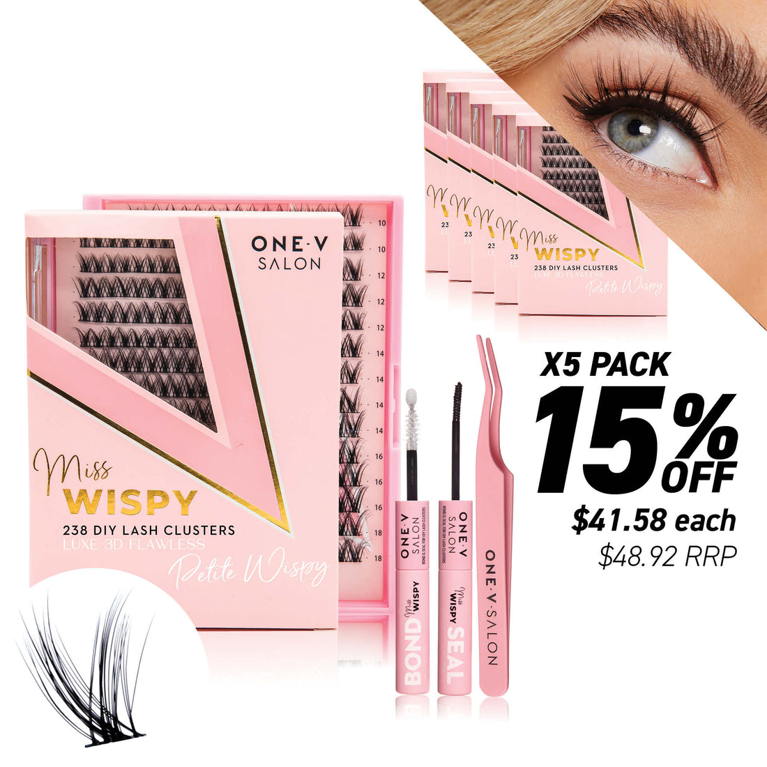 Luxe 3D Flawless -PETITE WISPY- 238 DIY Cluster Lashes Combo Kit (Bundle Pack) - One V Salon