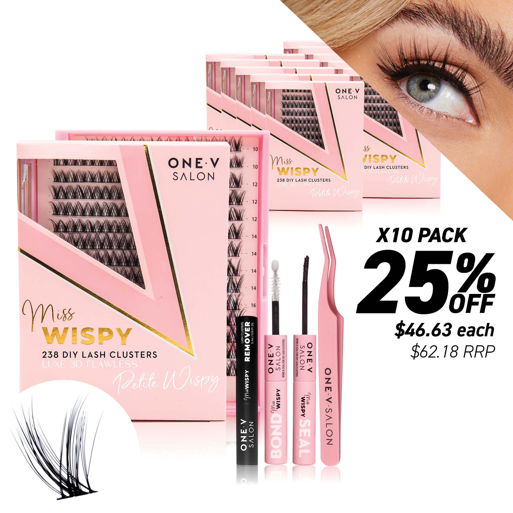 Luxe 3D Flawless -PETITE WISPY- 238 DIY Cluster Lashes Complete Kit (Bundle Pack) - One V Salon
