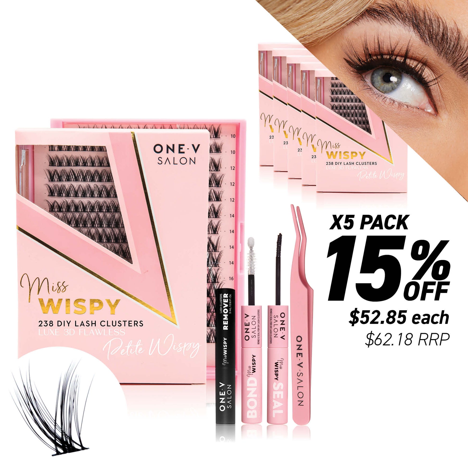Luxe 3D Flawless -PETITE WISPY- 238 DIY Cluster Lashes Complete Kit (Bundle Pack) - One V Salon
